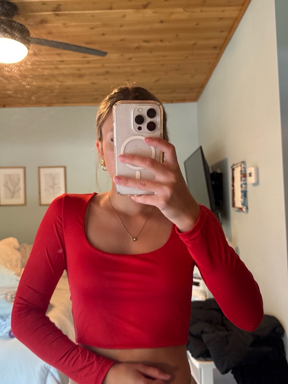 Amazon Red Long-Sleeve Scoop-Neck Crop Top